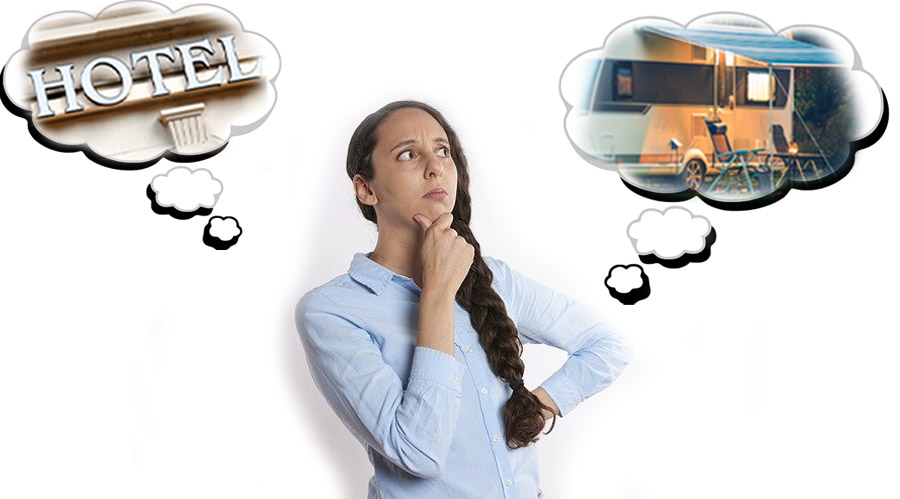 woman thinking about a caravan or a hotel